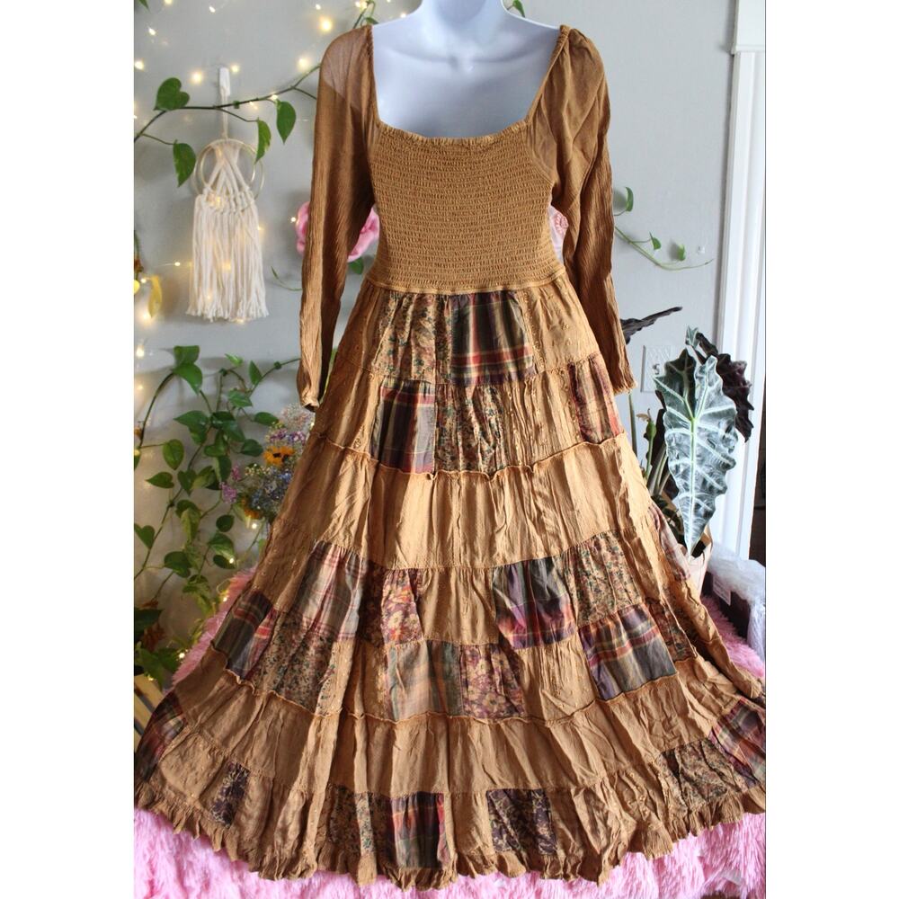 Young Threads Camel Patchwork Smocked Tiered Maxi Dress Size S NWT Boho - Picture 6 of 11